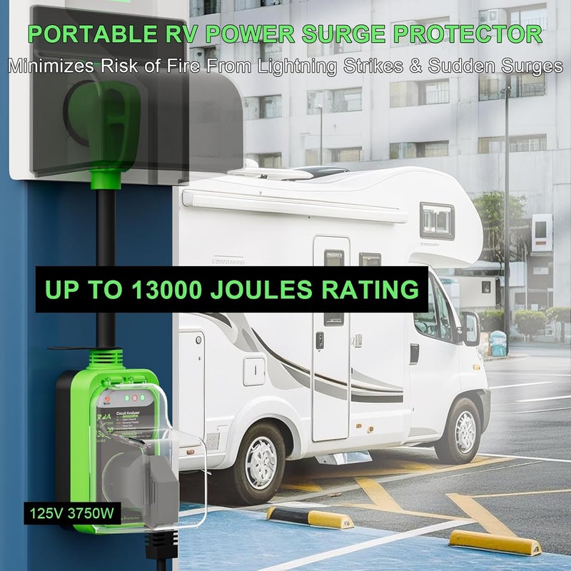 EPLCSE Store RV Surge Protector 30 Amp, 13000 Joules RV Circuit Analyzer with Waterproof Cover,RV Adapter Plug for Camper Travel Trailerss (30AMP-Green) - Image 1
